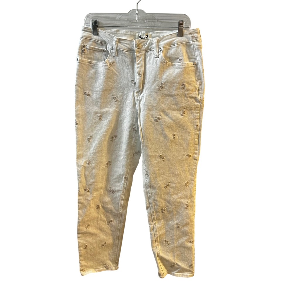 Seven7 Women's Straight Leg Jeans Cream Embroidered White Denim Size 10